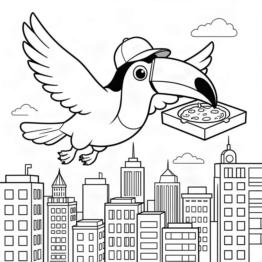 Tucan livrând o cutie de pizza
