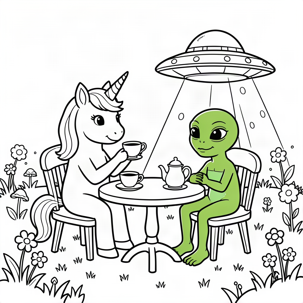 Unicorn bând ceai cu un extraterestru
