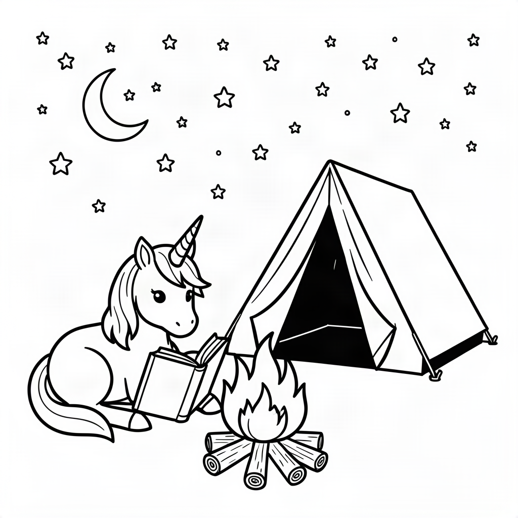 Unicorn citind la foc de tabără