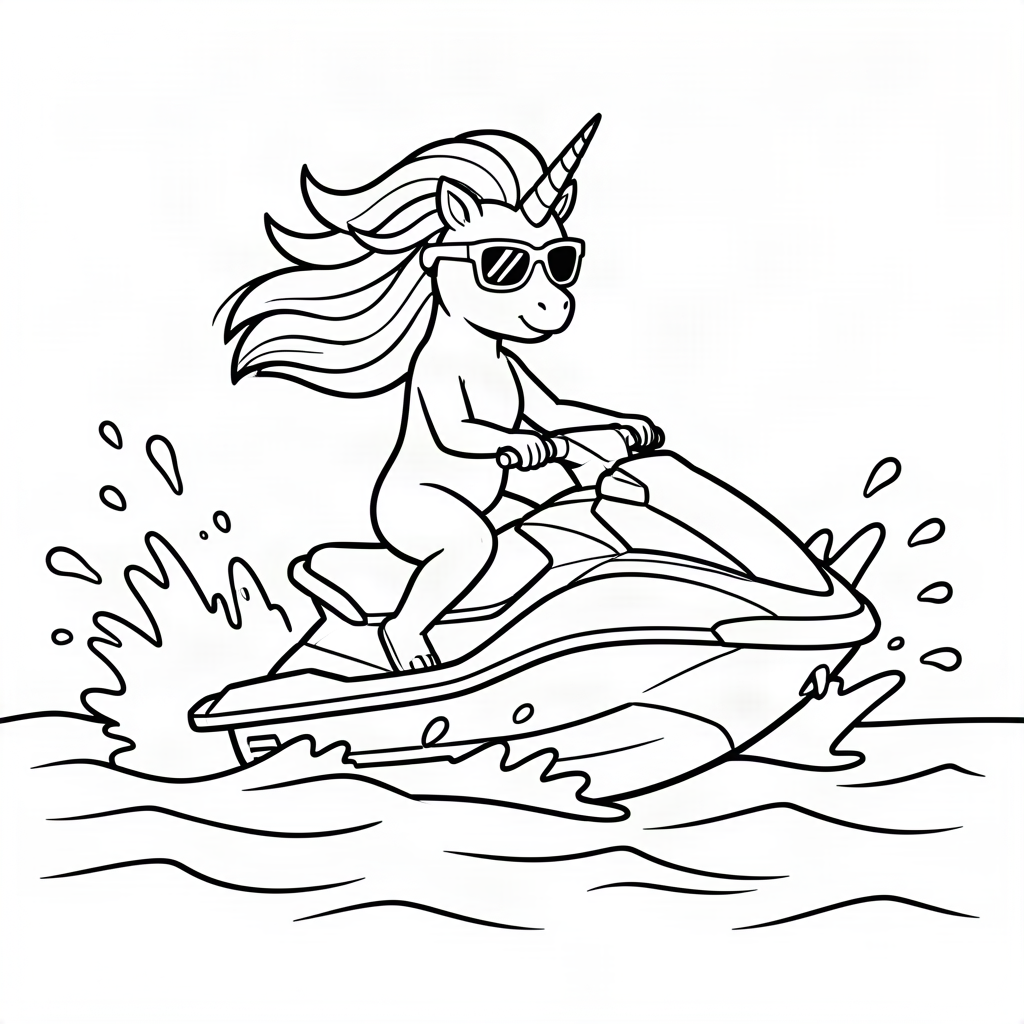 Unicorn cu ochelari pe jet ski