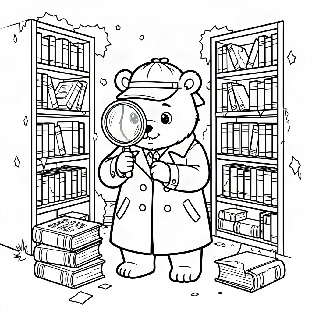 Urs detectiv cu lupă în bibliotecă