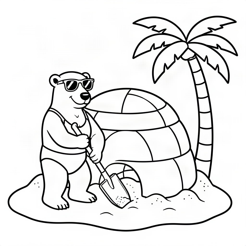 Urs polar la plajă construind un iglu de nisip