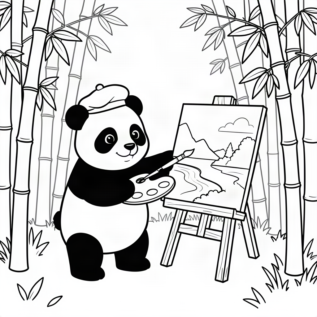 Ursuleț panda pictor într-o pădure