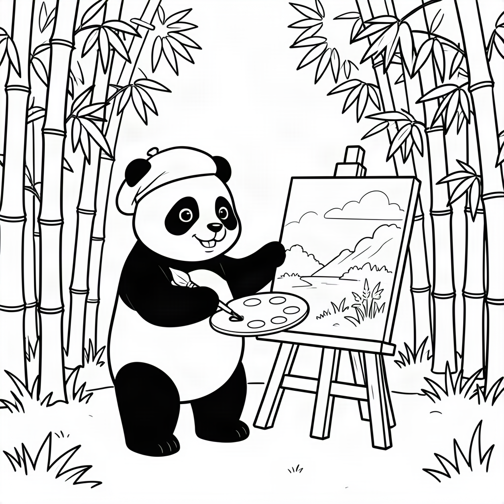Ursuleț panda pictor într-o pădure