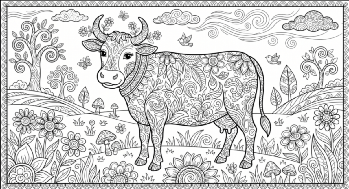Vaca Fantezie: Desen de Colorat Creativ cu Modele Florale