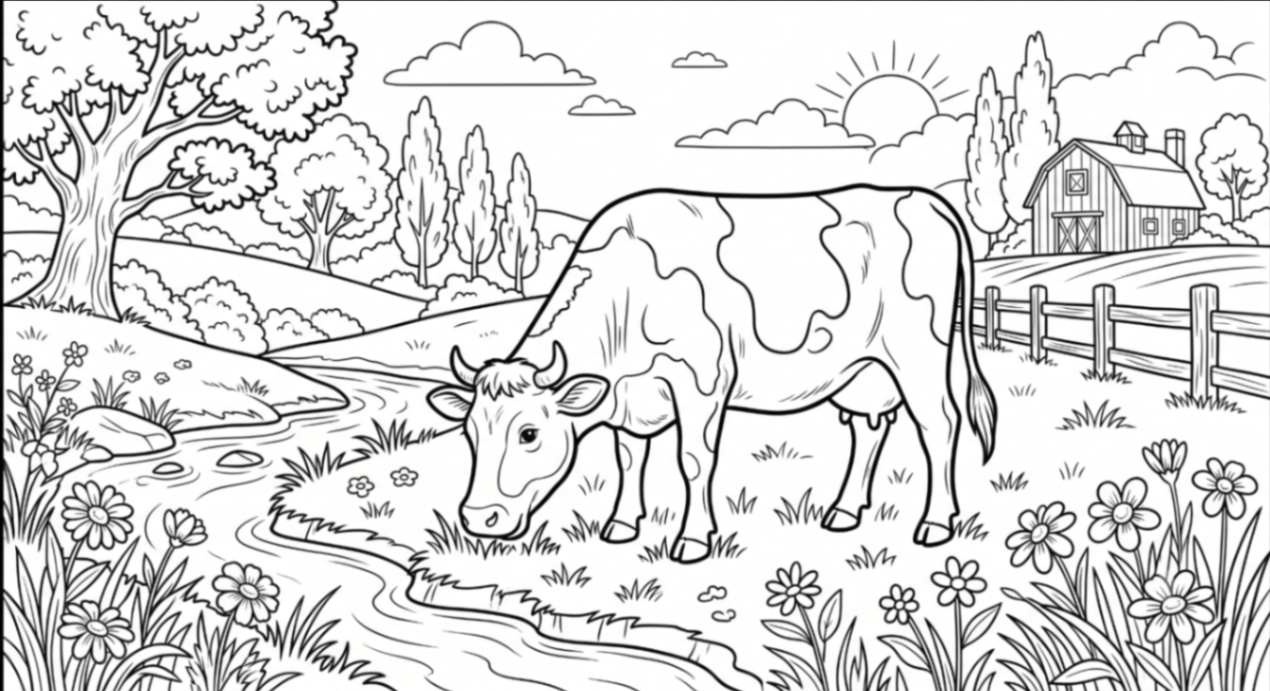 Vaca la Păscut: Planșă de Colorat Detaliată