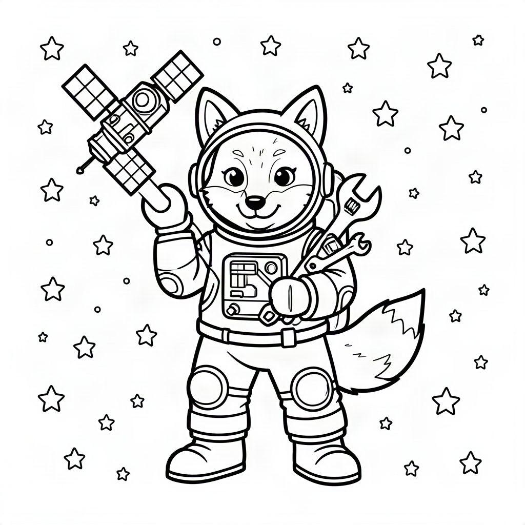 Vulpe astronaut reparând un satelit