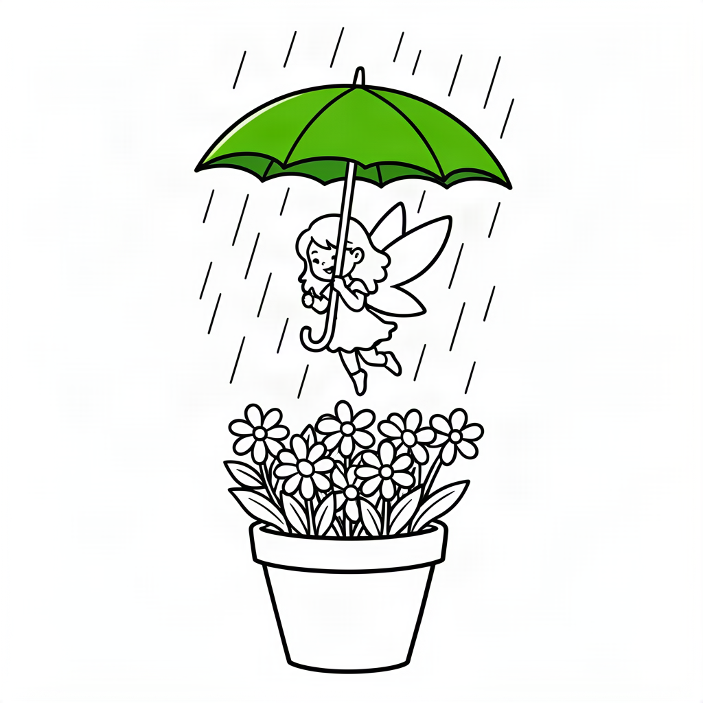 Zână zburând cu o umbrelă din frunză