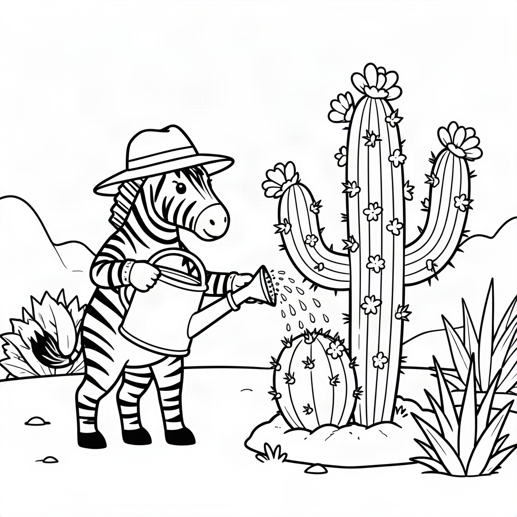Zebră grădinar udând cactuși uriași